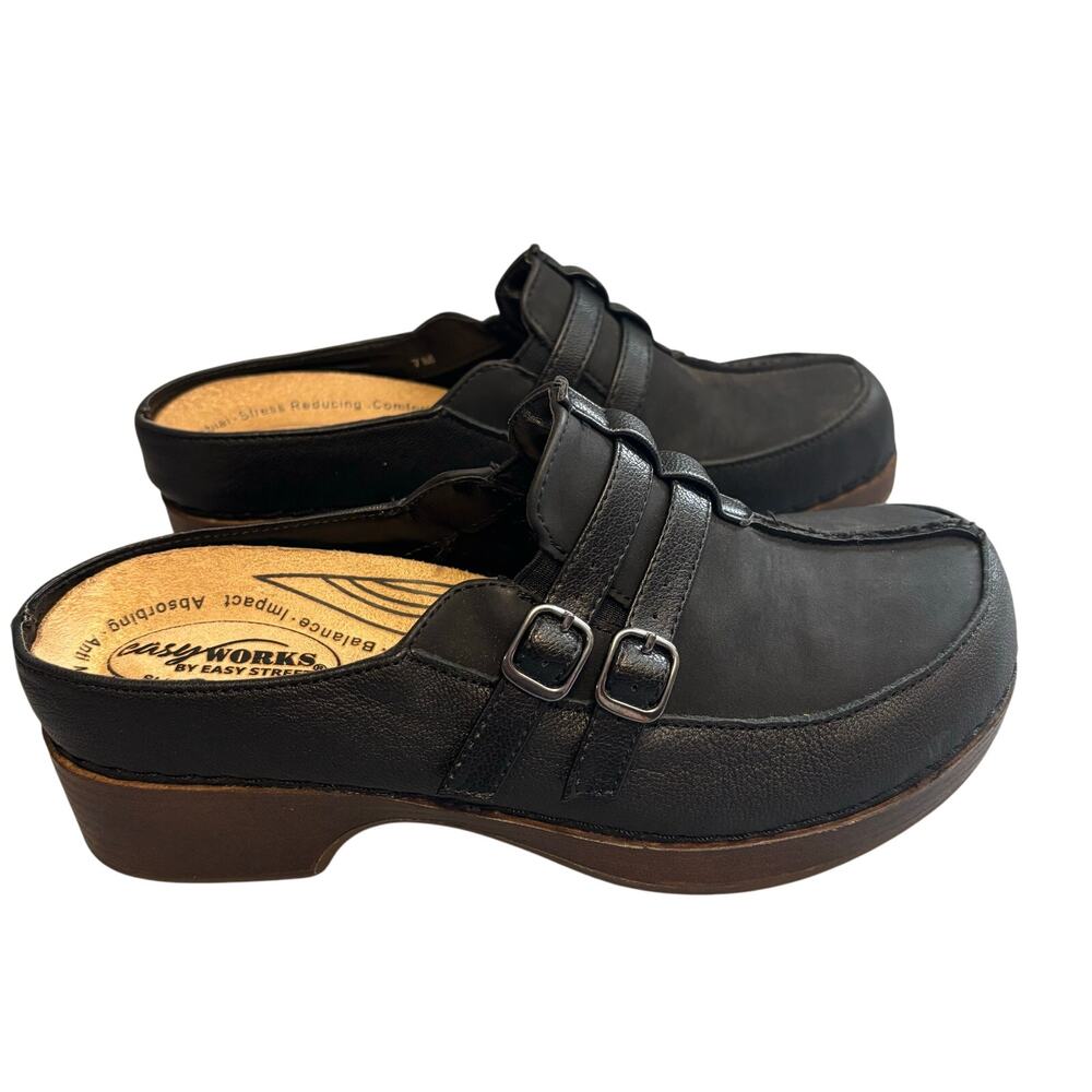 Easy Works by Easy Street Women's 7M Black Leather Cushioned Sandals Clogs Shoes